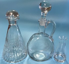 3 Pcs Vintage Bar Glassware, Decanter, Ewer Pitcher And Pouring Measure