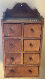 Antique Primitive 6-Over-1 Drawer Wooden Wall Hanging Spice Cabinet In Original Paint, 7.75' X 5.5' X 15.25'H