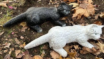 2 Pcs Pair Of Glazed Pottery Cats, One Black & One White, 14'L X 6'W
