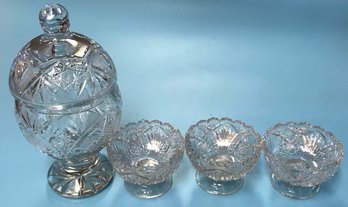 4 Pcs Vintage Lead Crystal, 1 Covered Candy Dish 4' Diam X 8.5'H & 3 Footed Nut Bowls 3-3/8' Diam X 2-1/2H