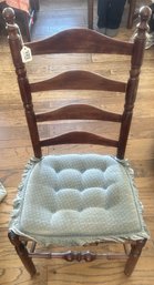 Antique Straight Ladder Back Chair, Blue Ruffled Seat Cushion Covering Wear To Woven Seat, 20' X 14.5' X 42'H