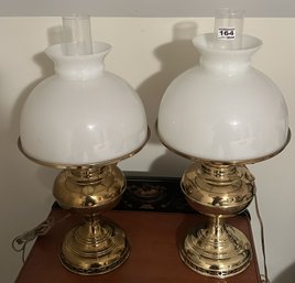2 Pcs Matched Pair Antique Electrified Brass Lamp With Milk Glass Shade, 21.5'H