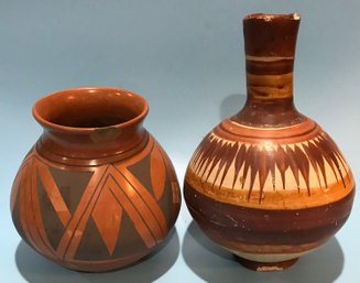 2 Pcs Vintage Native American Pottery, Brown & Black Vase Signed Luis Ortiz & Narrow Neck Footed Btl Unsigned