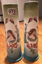 Antique Pair Tall Hand Painted Portraits On Tapered Cylinder Vases, 3' Diam. X 9.5'H