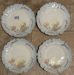 4 Pcs Matching Antique Plates With Blue Borders & Floral Design, 7.5' Diam.