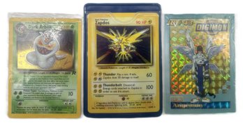 3 Pcs Vintage Pokemon & Digimon Playing Cards In Plastic Sleeves, Not Graded