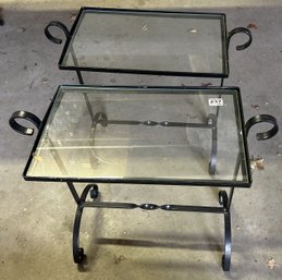Vintage Pair Outdoor End Tables In Black Metal With Glass Insert, 21.75' X 10.25' X 21'H