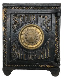 Antique Cast Iron Security Safe Deposit Still Bank, Cold Painted With Brass Dial, 3.75' X 4' X 4.75'