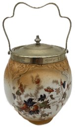 Victorian Porcelain Biscuit Barrel With Silver Plate Lid & Handle, 10'H