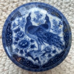 Blue & White Japanese Hand Painted Round Lidded Trinket Box With Peacock Design, 3.75' Diam. X 1.75'H