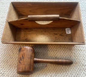 2 Pcs Antique Knife Caddy, 13' X 9.25' X 3.5'H And Treenware Mallet, 8.5'L
