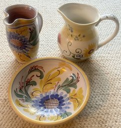 3 Pcs Studio Hand-Thrown And Painted Stoneware Pitcher & Bowl And Ceramic Pitcher, 6.75'H