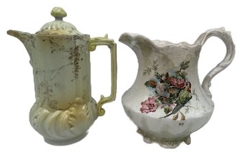 2 Pcs Antique Porcelain - Lusterware Pitcher, 7.75'H & Chocolate Pot, 9'H