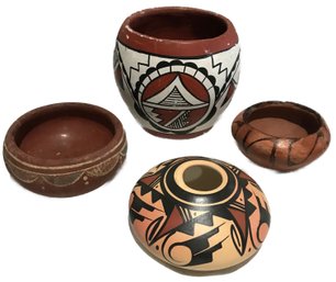 4 Pcs Vintage Native American Pottery, 1-Signed 3-Unsigned, Largest 4.5'Diam. X 4.5'H