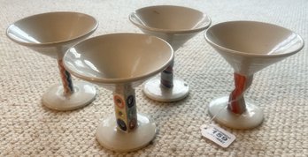 4 Pcs Similar Ceramic Or Stoneware Decorated Stemmed Sherbet Or Champagne Glasses, 4.75' Diam. X 5'H