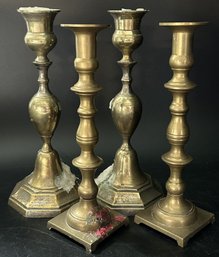 4 Pcs Vintage Brass Candlestick Holders, 2-Pairs, Tallest 10' With Great Patina & Wax