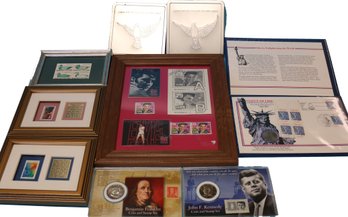 Lot Of Framed Stamp Related Items And Several Coin/stamp Combinations