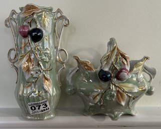 2 Pcs Antique Lusterware Vases, 1-Tall 6.75'H & 1-Squat 5.5'W X 5'H