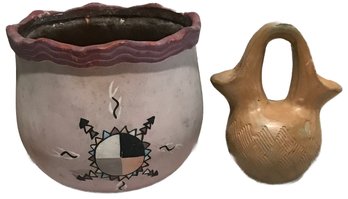 2 Pcs Vintage Native American Pottery, Small Wedding Vase Signed 'Amanda Swimmer'