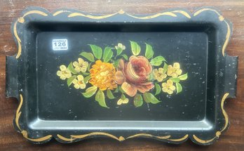 Vintage Black Metal Serving Tray With Tole Painted Floral Design, 18' X 10'