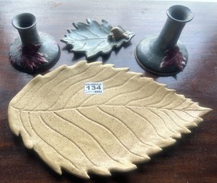 4 Pcs Vintage Stoneware Leaf Shaped Inspired Table Top Items, Candlesticks, Cheese Board 12' X 7' & Other
