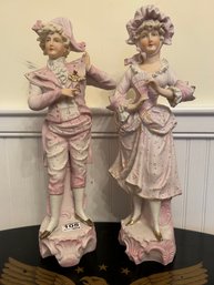 Antique Large French Porcelain Staffordshire Style Couple In Pinks & Lavenders, 16'H