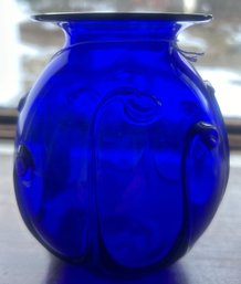 Artist Signed Cobalt Blue Art Glass Vase With Applied Design, Signed 'Cobb', 4.5' Diam. X 5'H