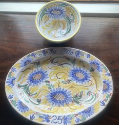 2 Pcs Large Italian Style Hand Decorated Platter 'The Silo' 21' X 15' & Similar Pattern Bowl, 9' Diam. X 5.5'H
