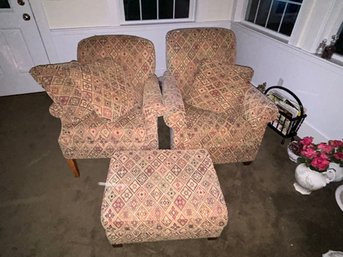 2 Pcs Similar Vintage Upholstered Club Chairs With Rolled Arms & Ottoman & 6 Matching Throw Pillows