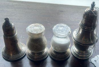 4 Pcs - Pair Sterling And Etched Glass Salt & Pepper Shakers, 1.5' Diam. X 2.5'H & 2-Other Sterling Shakers