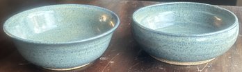 2 Pcs Blue Stoneware Studio Pottery Serving Bowls, 7.25' Diam.