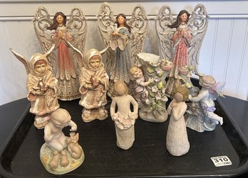 10 Pcs Lot Statues Of Angels And Children Including 2-Willow Tree & 2-Lefton China, Tallest 9.25'H