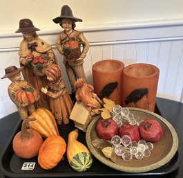17 Pcs Lot Of Traditional Fall & Thanksgiving Decorations Including Turned Treenware Bowl, 8-5/8' Diam., 13'H