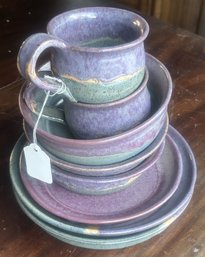 Purple & Green Studio Stoneware, Plates, Cups And Bowls