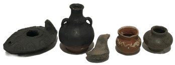 5 Pcs Ancient Pottery Including Roman Oil Lamp, 3.75' X 2.75' X 1.75'H