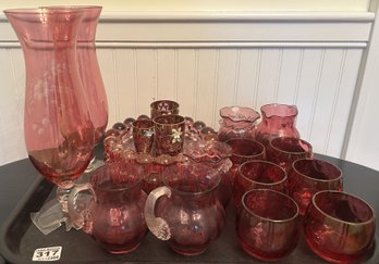 18 Pcs Collection Of Pink Glass, Etched, Enameled, Pitchers W/Applied Handles, Ashtrays & More, Tallest 10.5'H