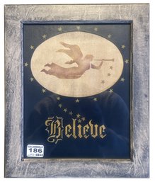 Framed Print Of Angel Blowing Horn Surrounded By Stars And BELIEVE, 10.25' X 12.25'H