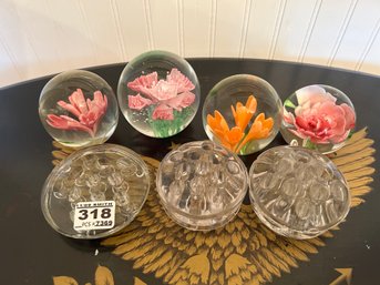 7 Pcs Collection, 4-Art Glass Paper Weights & 3 Clear Glass Floral Frogs, Largest Paper Weight 3' Diam.