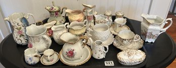 21 Pcs Collection Of Fine Porcelain S&P, Creamers, Cover Box, Cups & Saucers, Various Makers, Tallest 6'H