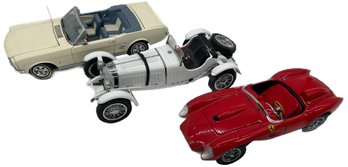 3 Pcs Vintage Danbury Mint Classic Cars, 1966 Mustang, 1958 Ferrari, 1931 Mercedes SSKL, Scale Model Metal Car