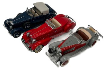 3 Pcs Vintage Danbury Mint Classic Cars, 1934 Hispano-Suiza, 1934 Packard & 1935 Duesenberg, Scale Model Cars