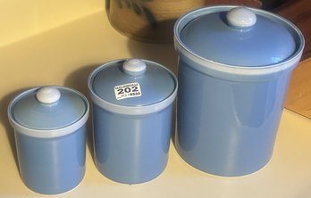 3 Pcs Graduated 2-Tone Blue Ceramic Canister Set, Largest 6.5' Diam. X 9'H