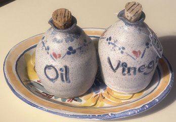 3 Pcs Studio Pottery Stoneware Oil & Vinegar Condiment Set 5.5'H  And Oval Other Under Plate, 10' X 7'