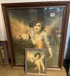 2 Pcs Matching Antique Prints Same Subject Different Sizes, Large Print Is Hand Colored, Great Frames