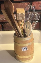 Counter Top Utensil Barrel With Cooing Utensils, Mallet, Wooden Spoons, Whisks And More, 4.5' Diam. X 13'H