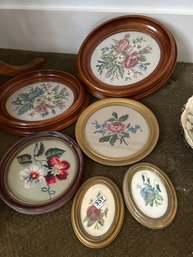6 Pcs Vintage Needlepoints Of Florals In Oval And Round Frames