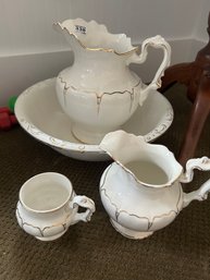 4 Pcs Antique Porcelain Matching Chamber Set, Basin, 2-Pitcher & Cup, White With Gold Trim