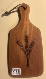 Artist Made Cutting Board With Wheat Stalks And Leather Thong For Hanging, 4.75' X 10.5'H