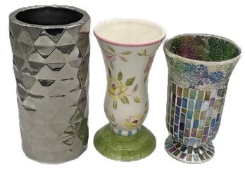 3 Pcs Ceramic And Glass Floral Vases, Tallest 11'H