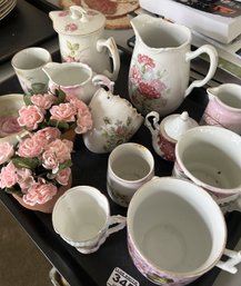 14 Pcs, 12-Floral Adorned Pitchers, Creamers, Cups And 2 Small Terracotta Vases With Silk Florals